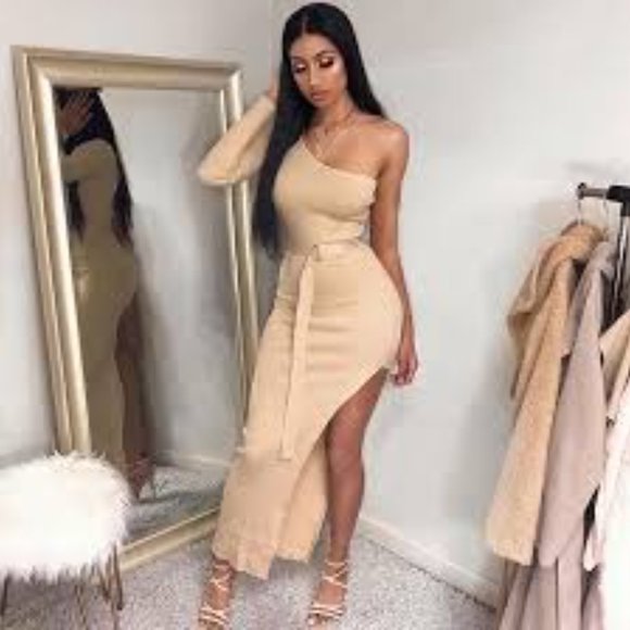 Above The Basics One Shoulder Sweater Dress - Taupe - Picture 3 of 10